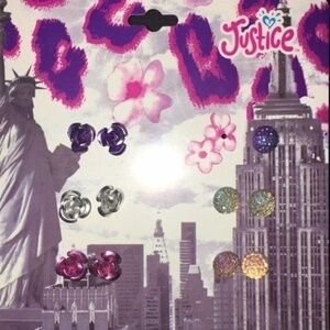 Justice 5 Pair Stud Earrings‎ Girls Purple Pink Silver Glitter Floral Trendy